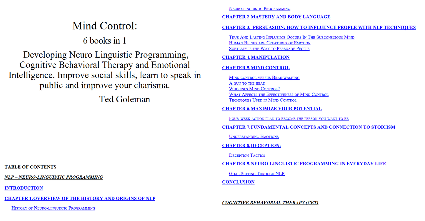 Mind Control, 6 books in 1- Developing Neuro Linguistic Programming, Cognitive Behavioral Therapy and Emotional Intelligence. Improve social skills, learn to speak in public and improve your charisma (Digital books)
